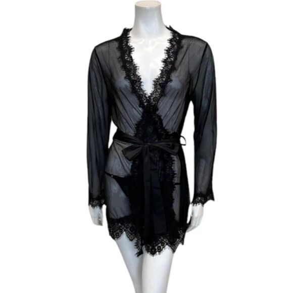‎Black Eyelash Lace Robe Set Belted Tie Lingerie - Picture 10 of 11
